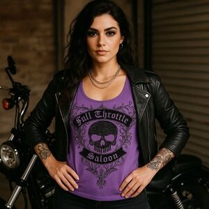 Full Throttle Saloon Purple Skull Rhinestone Graphic‎ Tank Top Medium